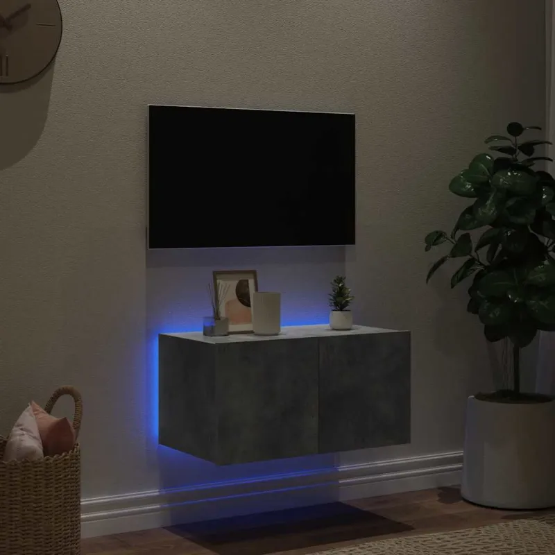 Sieninė TV spintelė su LED lemputėmis, betono pilka, 60x35x31cm