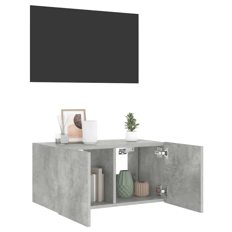 Sieninė TV spintelė su LED lemputėmis, betono pilka, 60x35x31cm