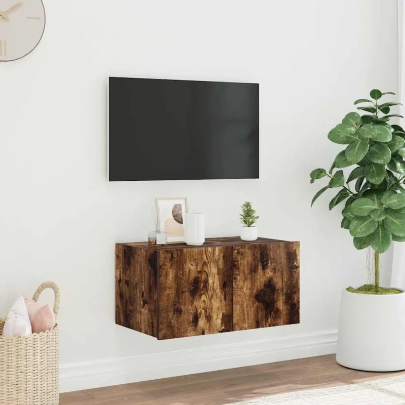 Sieninė TV spintelė su LED lemputėmis, dūminė, 60x35x31cm