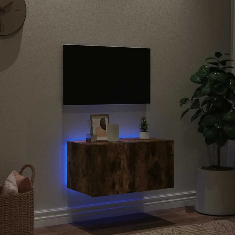 Sieninė TV spintelė su LED lemputėmis, dūminė, 60x35x31cm