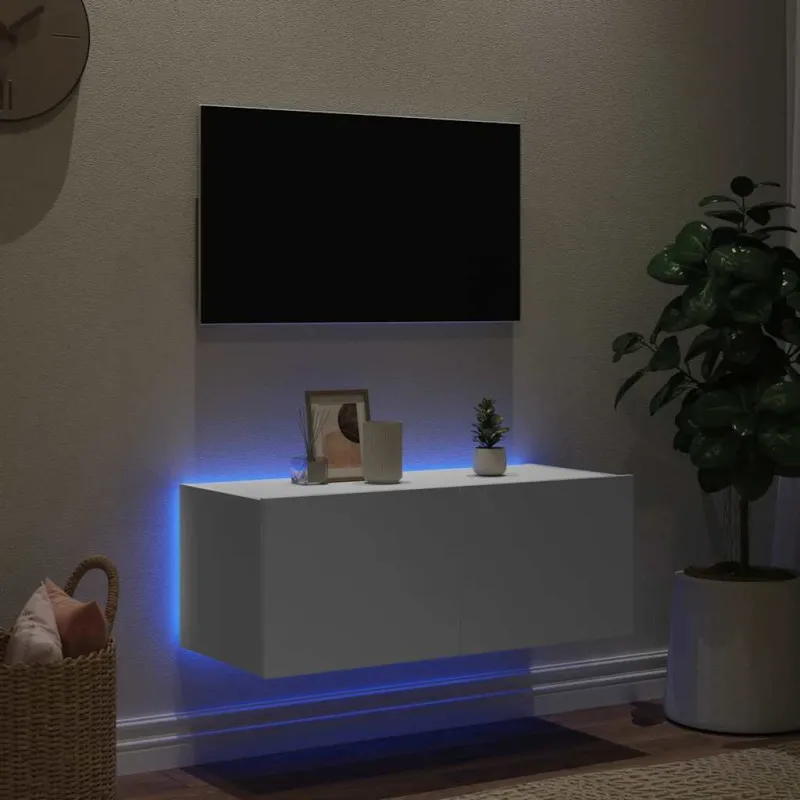 Sieninė TV spintelė su LED lemputėmis, balta, 80x35x31cm