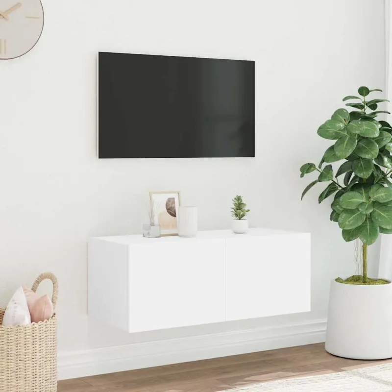 Sieninė TV spintelė su LED lemputėmis, balta, 80x35x31cm