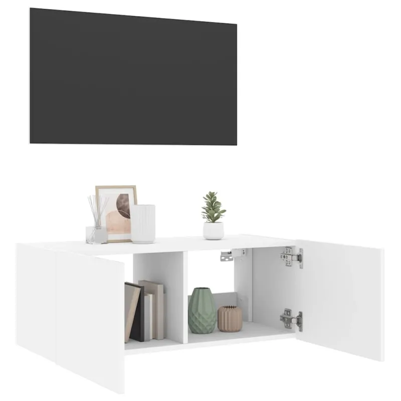 Sieninė TV spintelė su LED lemputėmis, balta, 80x35x31cm