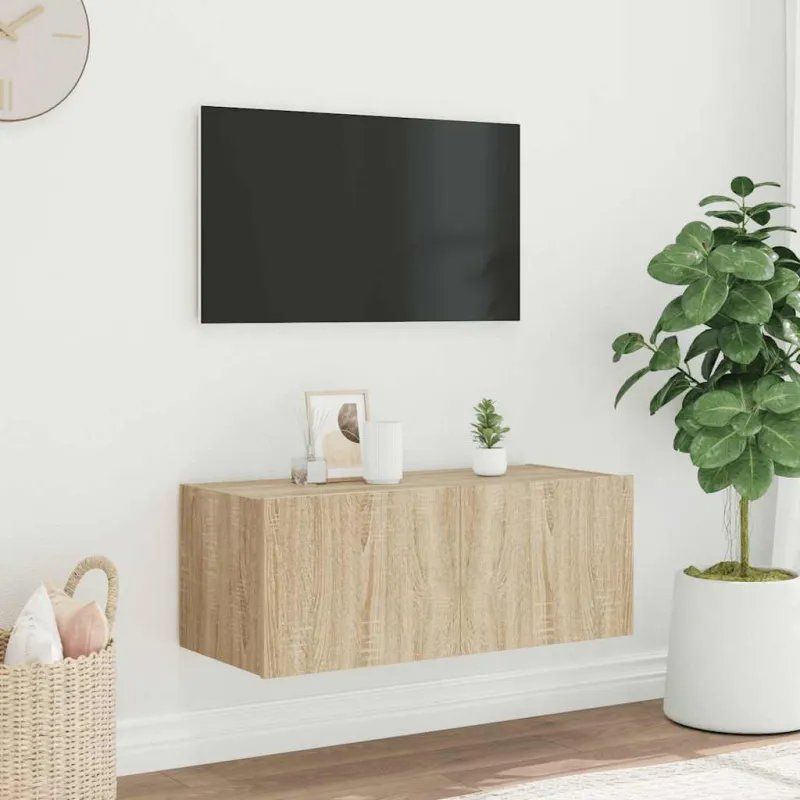 Sieninė TV spintelė su LED lemputėmis, ąžuolo, 80x35x31cm