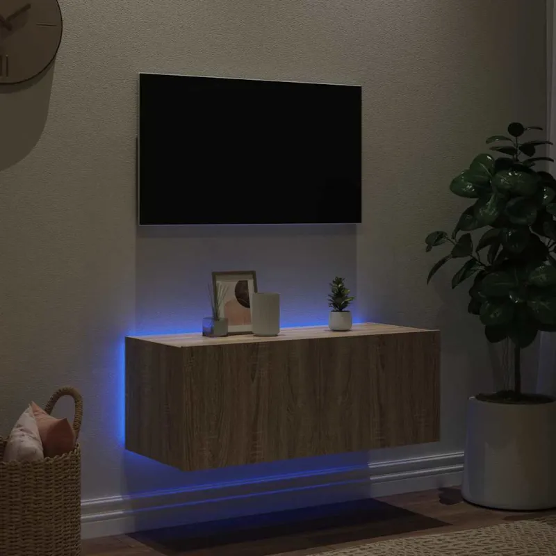 Sieninė TV spintelė su LED lemputėmis, ąžuolo, 80x35x31cm