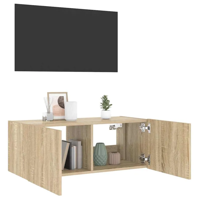 Sieninė TV spintelė su LED lemputėmis, ąžuolo, 80x35x31cm
