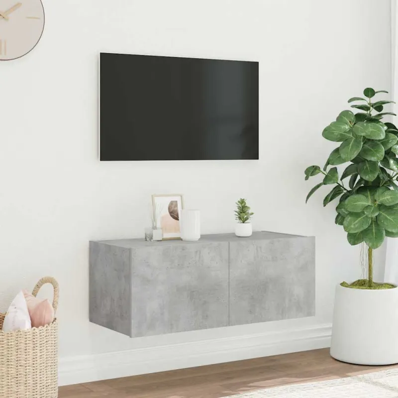 Sieninė TV spintelė su LED lemputėmis, betono pilka, 80x35x31cm