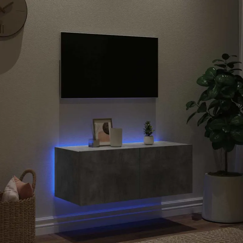 Sieninė TV spintelė su LED lemputėmis, betono pilka, 80x35x31cm