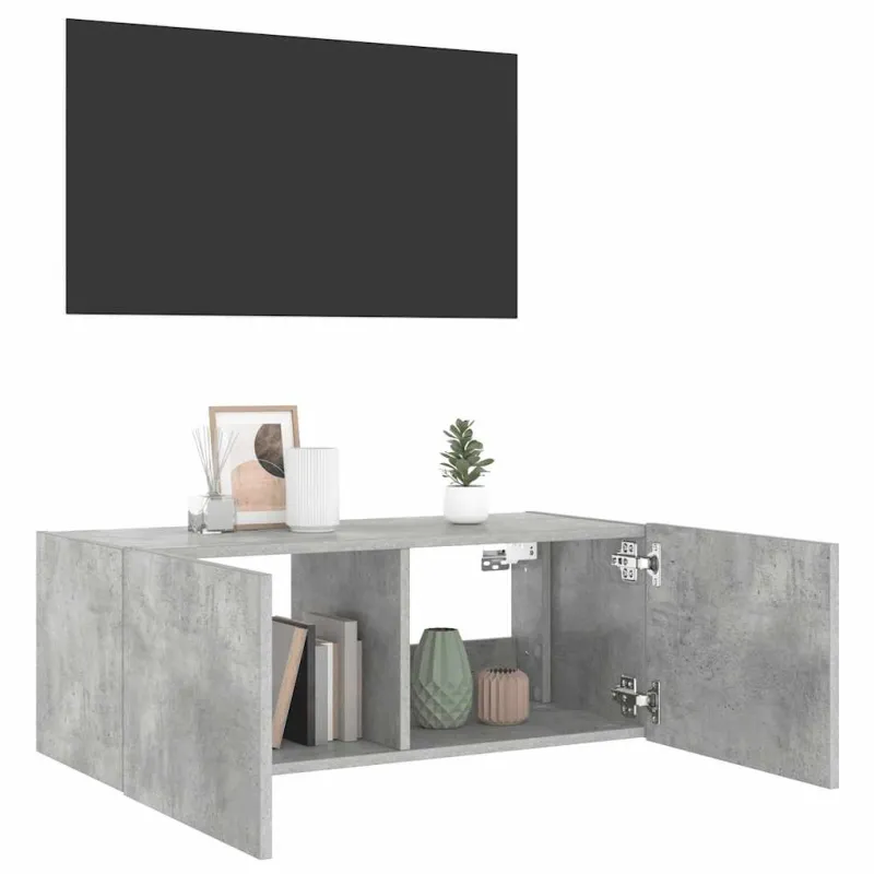 Sieninė TV spintelė su LED lemputėmis, betono pilka, 80x35x31cm