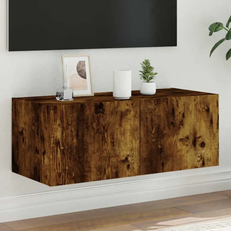 Sieninė TV spintelė su LED lemputėmis, dūminė, 80x35x31cm