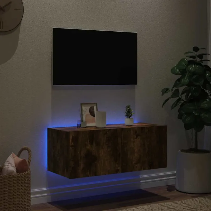 Sieninė TV spintelė su LED lemputėmis, dūminė, 80x35x31cm