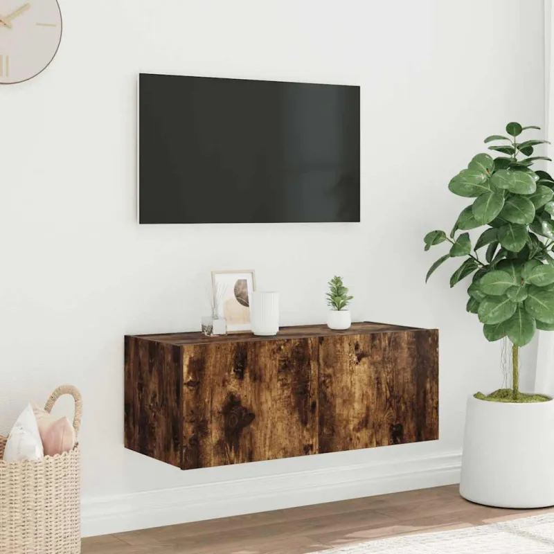 Sieninė TV spintelė su LED lemputėmis, dūminė, 80x35x31cm