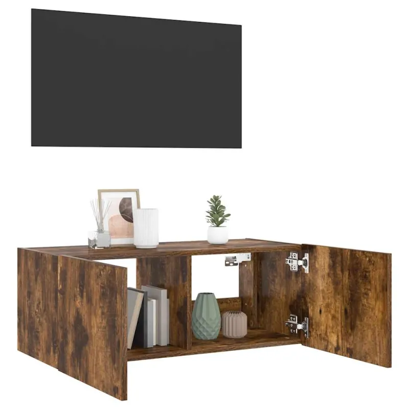 Sieninė TV spintelė su LED lemputėmis, dūminė, 80x35x31cm