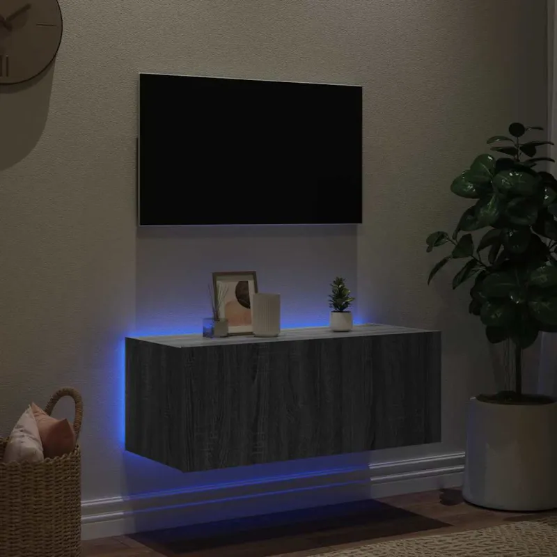 Sieninė TV spintelė su LED lemputėmis, pilka ąžuolo, 80x35x31cm