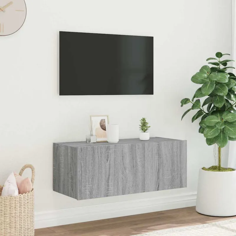 Sieninė TV spintelė su LED lemputėmis, pilka ąžuolo, 80x35x31cm