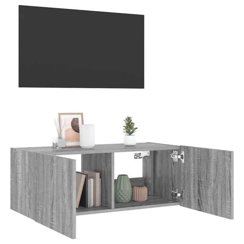 Sieninė TV spintelė su LED lemputėmis, pilka ąžuolo, 80x35x31cm