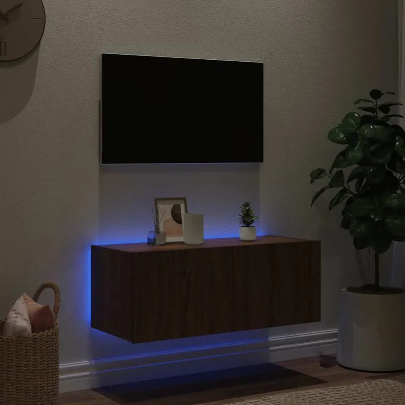 Sieninė TV spintelė su LED lemputėmis, ruda ąžuolo, 80x35x31cm