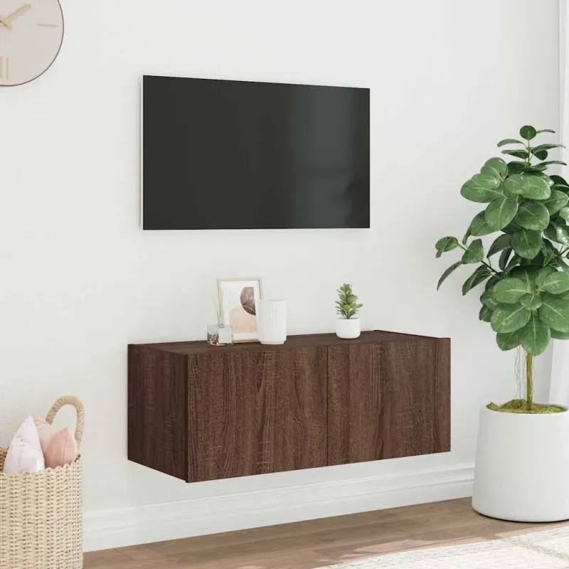 Sieninė TV spintelė su LED lemputėmis, ruda ąžuolo, 80x35x31cm