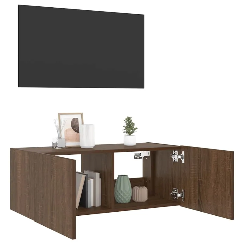 Sieninė TV spintelė su LED lemputėmis, ruda ąžuolo, 80x35x31cm