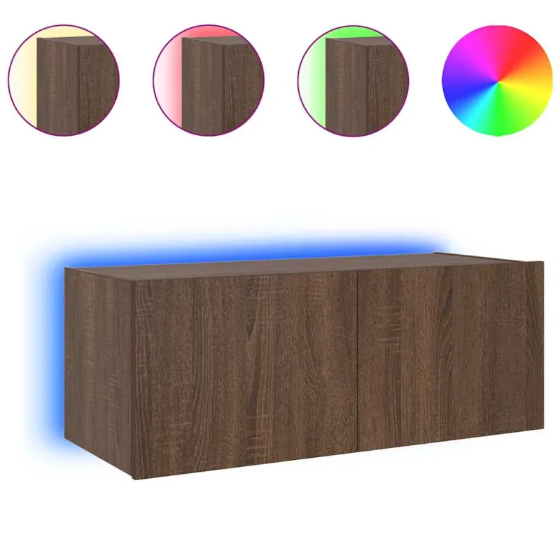 Sieninė TV spintelė su LED lemputėmis, ruda ąžuolo, 80x35x31cm