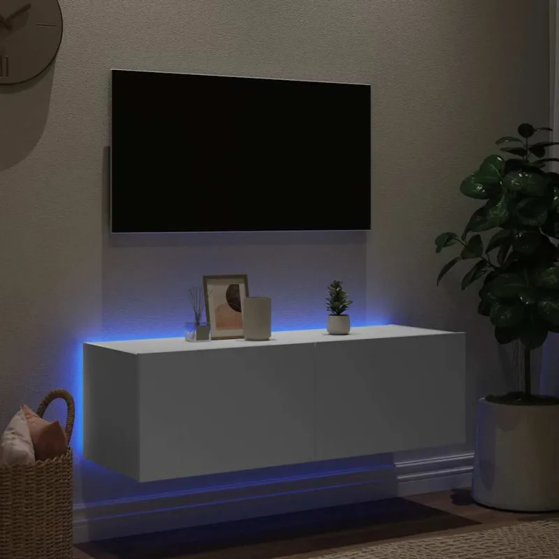 Sieninė TV spintelė su LED lemputėmis, balta, 100x35x31cm