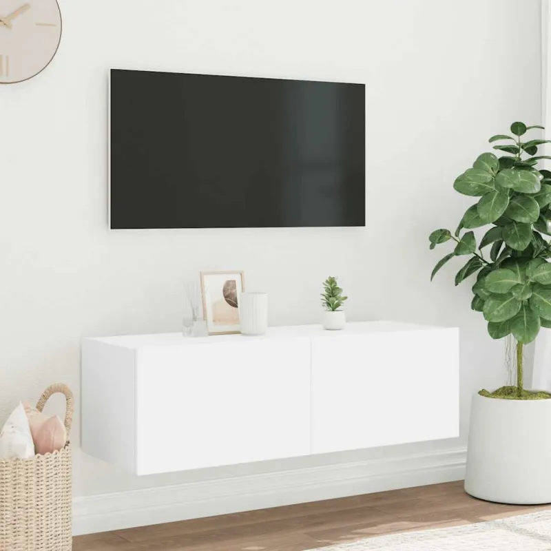 Sieninė TV spintelė su LED lemputėmis, balta, 100x35x31cm