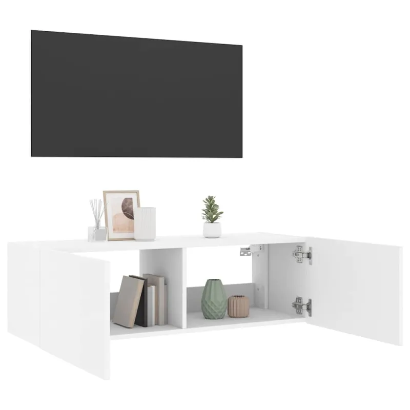 Sieninė TV spintelė su LED lemputėmis, balta, 100x35x31cm