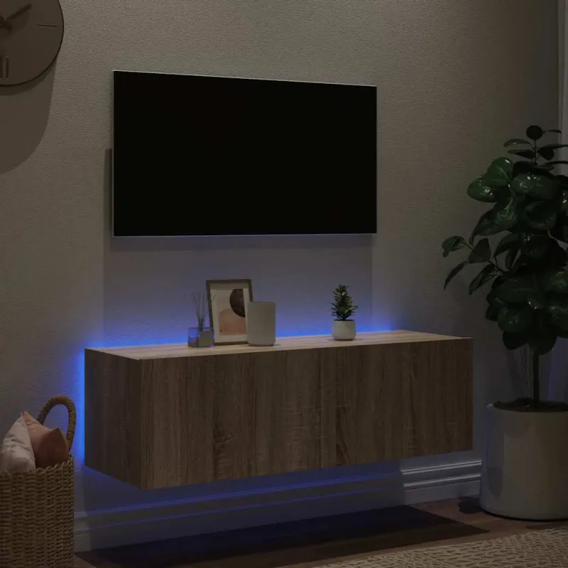 Sieninė TV spintelė su LED lemputėmis, ąžuolo, 100x35x31cm