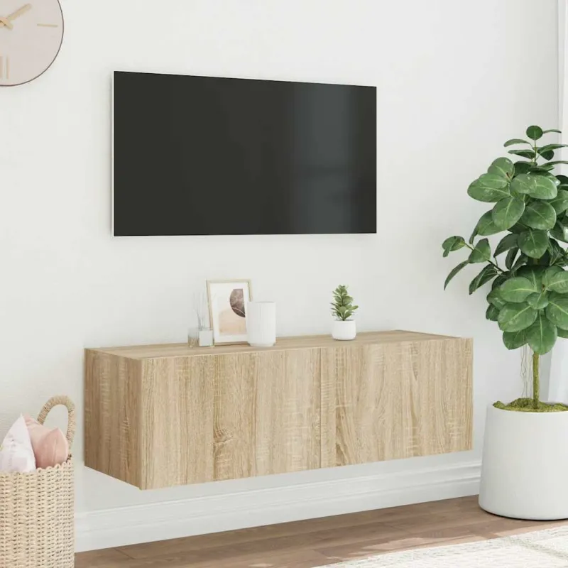 Sieninė TV spintelė su LED lemputėmis, ąžuolo, 100x35x31cm