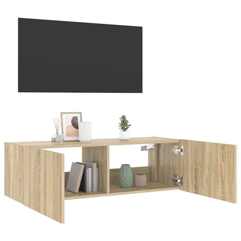Sieninė TV spintelė su LED lemputėmis, ąžuolo, 100x35x31cm