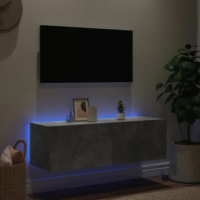 Sieninė TV spintelė su LED lemputėmis, betono, 100x35x31cm