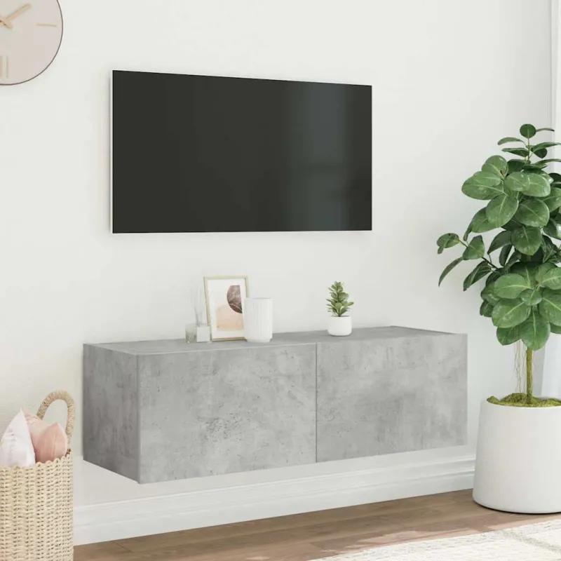 Sieninė TV spintelė su LED lemputėmis, betono, 100x35x31cm