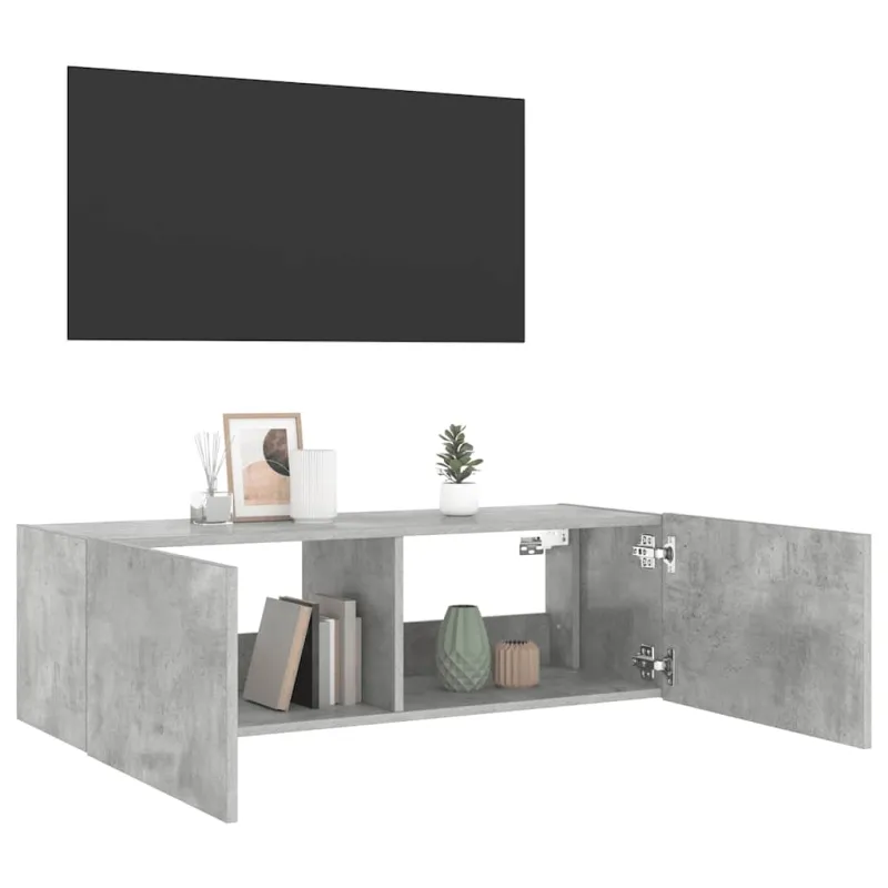 Sieninė TV spintelė su LED lemputėmis, betono, 100x35x31cm