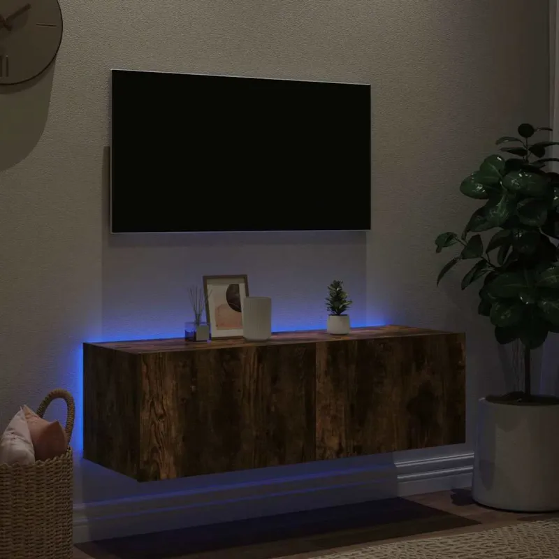 Sieninė TV spintelė su LED lemputėmis, dūminė, 100x35x31cm