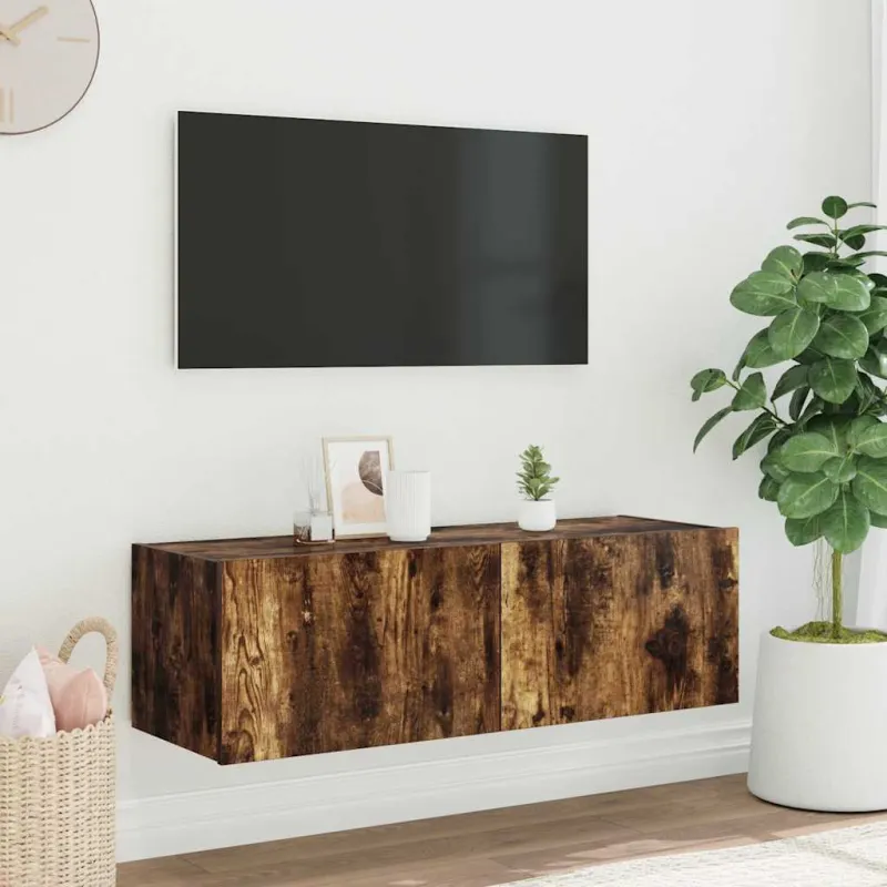 Sieninė TV spintelė su LED lemputėmis, dūminė, 100x35x31cm