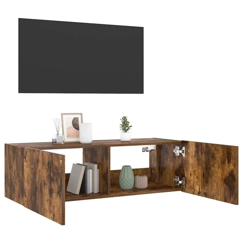 Sieninė TV spintelė su LED lemputėmis, dūminė, 100x35x31cm