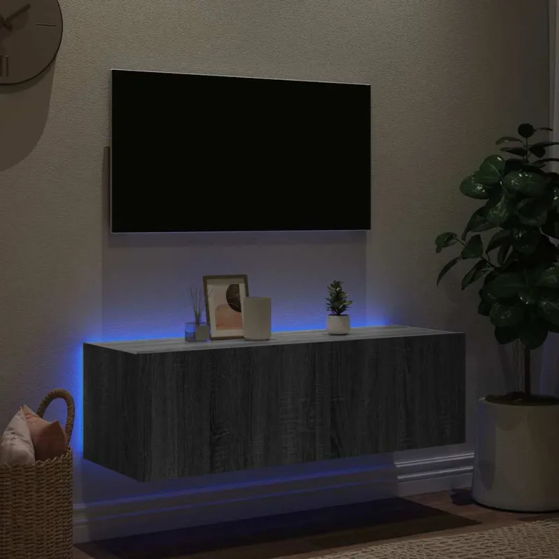 Sieninė TV spintelė su LED lemputėmis, pilka, 100x35x31cm