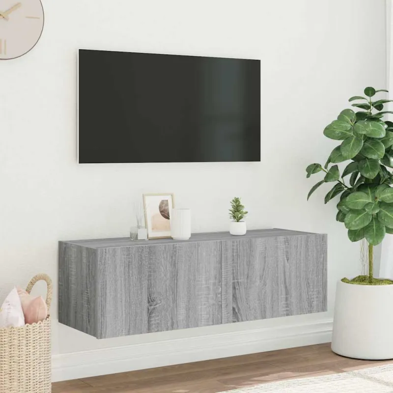 Sieninė TV spintelė su LED lemputėmis, pilka, 100x35x31cm