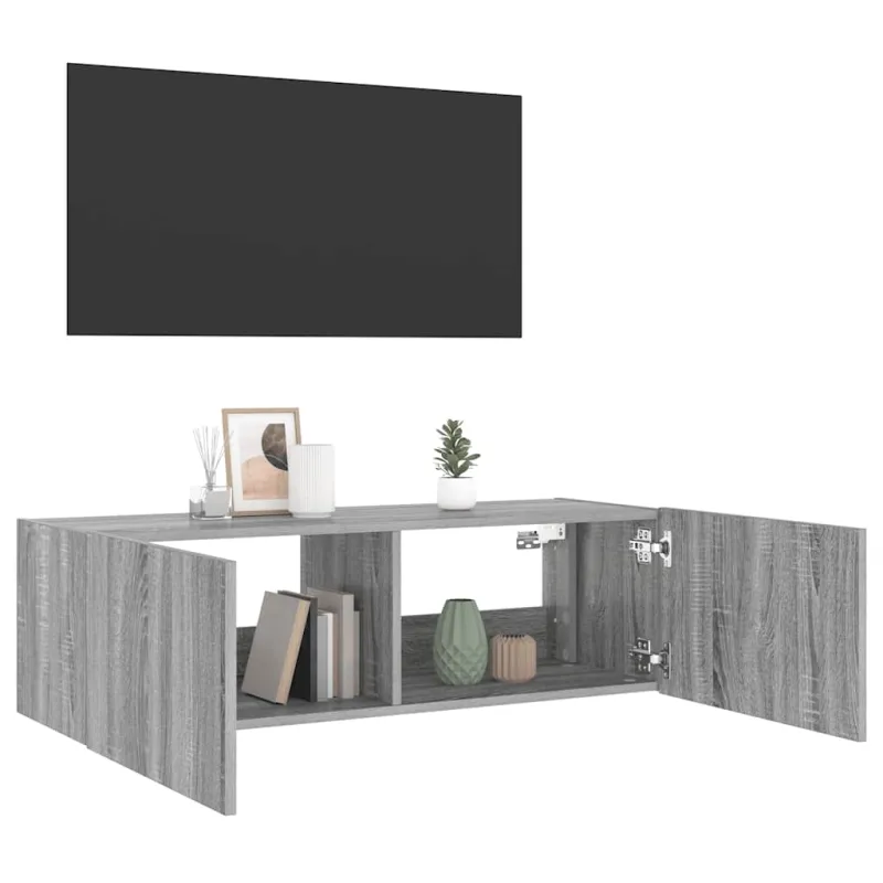 Sieninė TV spintelė su LED lemputėmis, pilka, 100x35x31cm