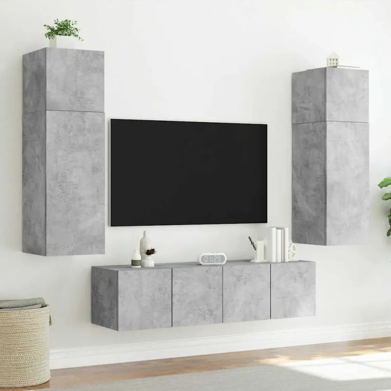 Sieninė TV spintelė su LED lemputėmis, betono pilka, 60x35x41cm