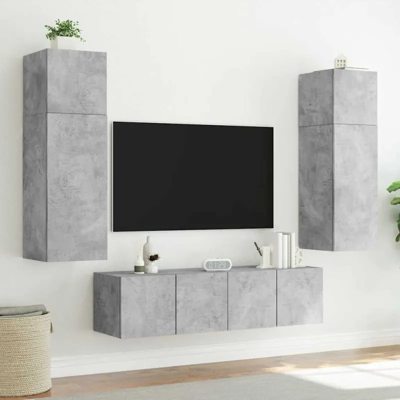 Sieninės TV spintelės su LED, 2vnt., betono pilkos, 60x35x41cm