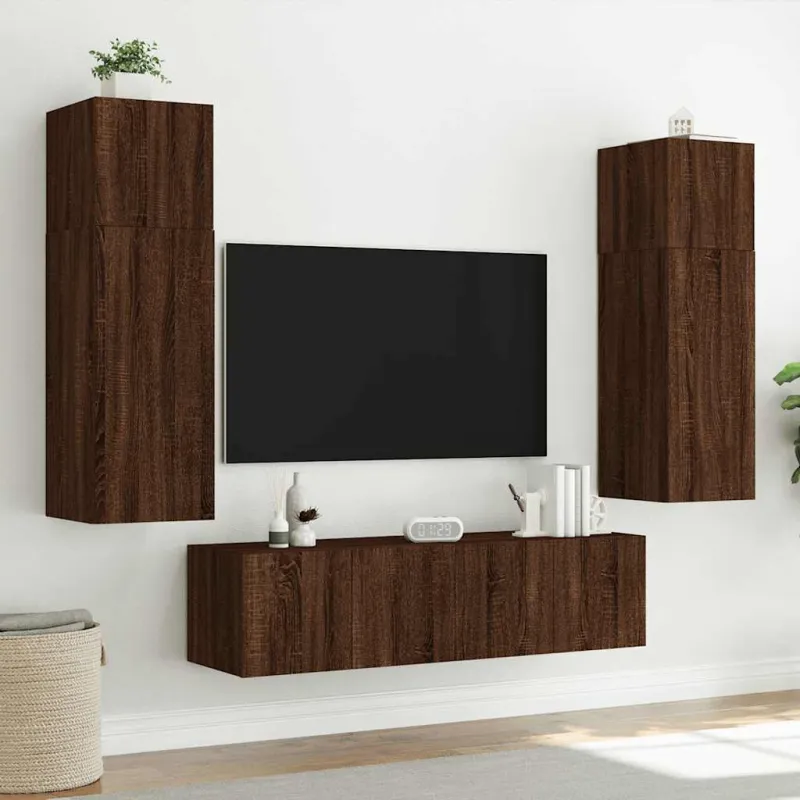 Sieninė TV spintelė su LED lemputėmis, ruda ąžuolo, 60x35x41cm