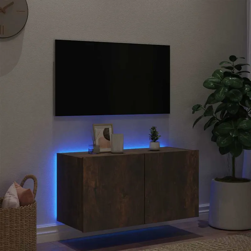 Sieninė TV spintelė su LED lemputėmis, dūminė, 80x35x41cm