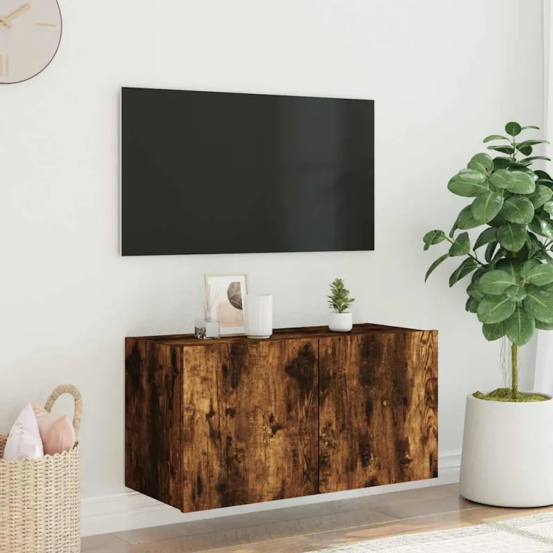 Sieninė TV spintelė su LED lemputėmis, dūminė, 80x35x41cm