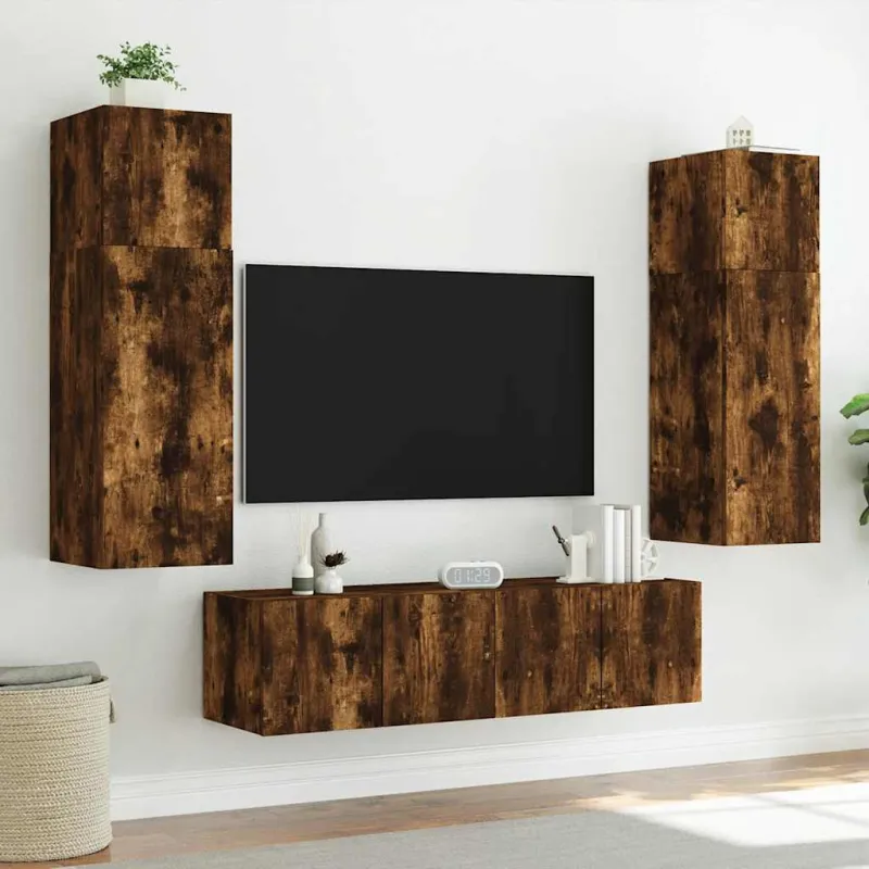 Sieninė TV spintelė su LED lemputėmis, dūminė, 80x35x41cm