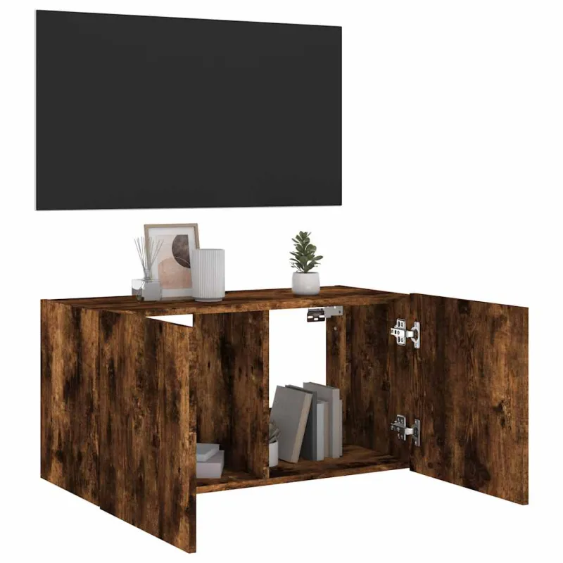 Sieninė TV spintelė su LED lemputėmis, dūminė, 80x35x41cm