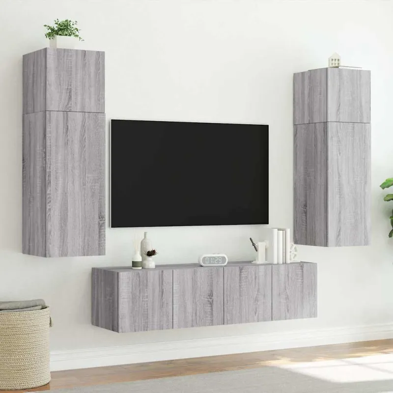 Sieninė TV spintelė su LED lemputėmis, pilka ąžuolo, 80x35x41cm