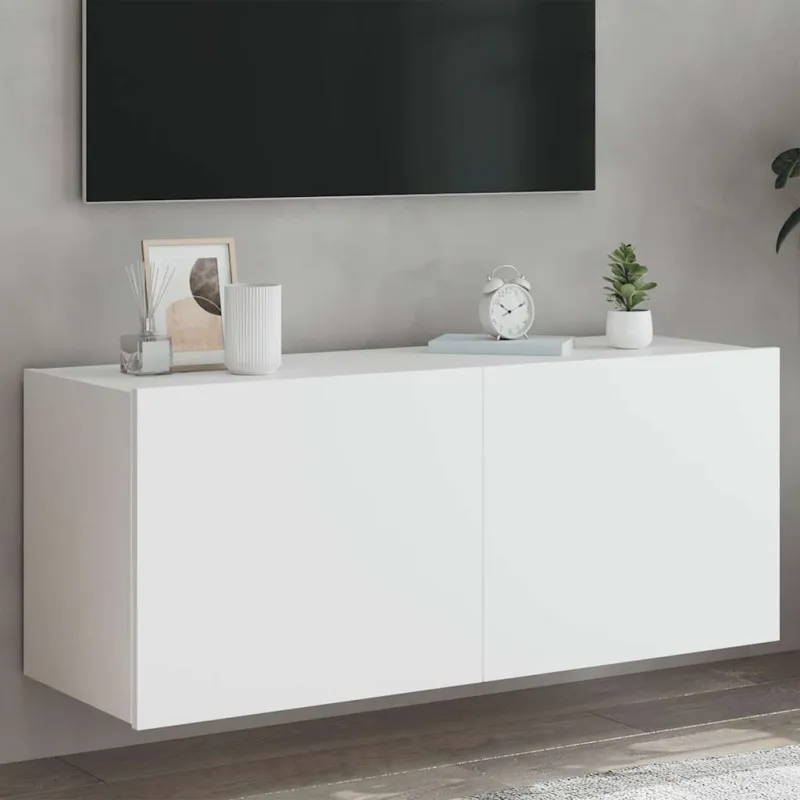 Sieninė TV spintelė su LED lemputėmis, balta, 100x35x41cm