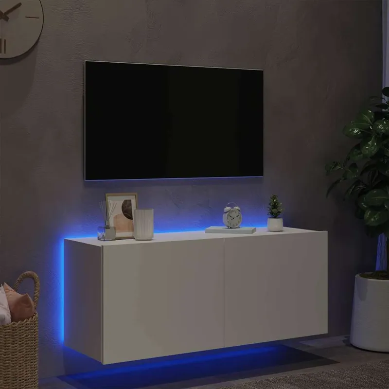 Sieninė TV spintelė su LED lemputėmis, balta, 100x35x41cm
