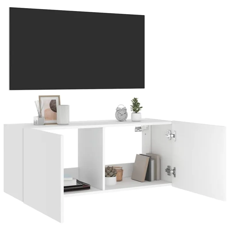 Sieninė TV spintelė su LED lemputėmis, balta, 100x35x41cm